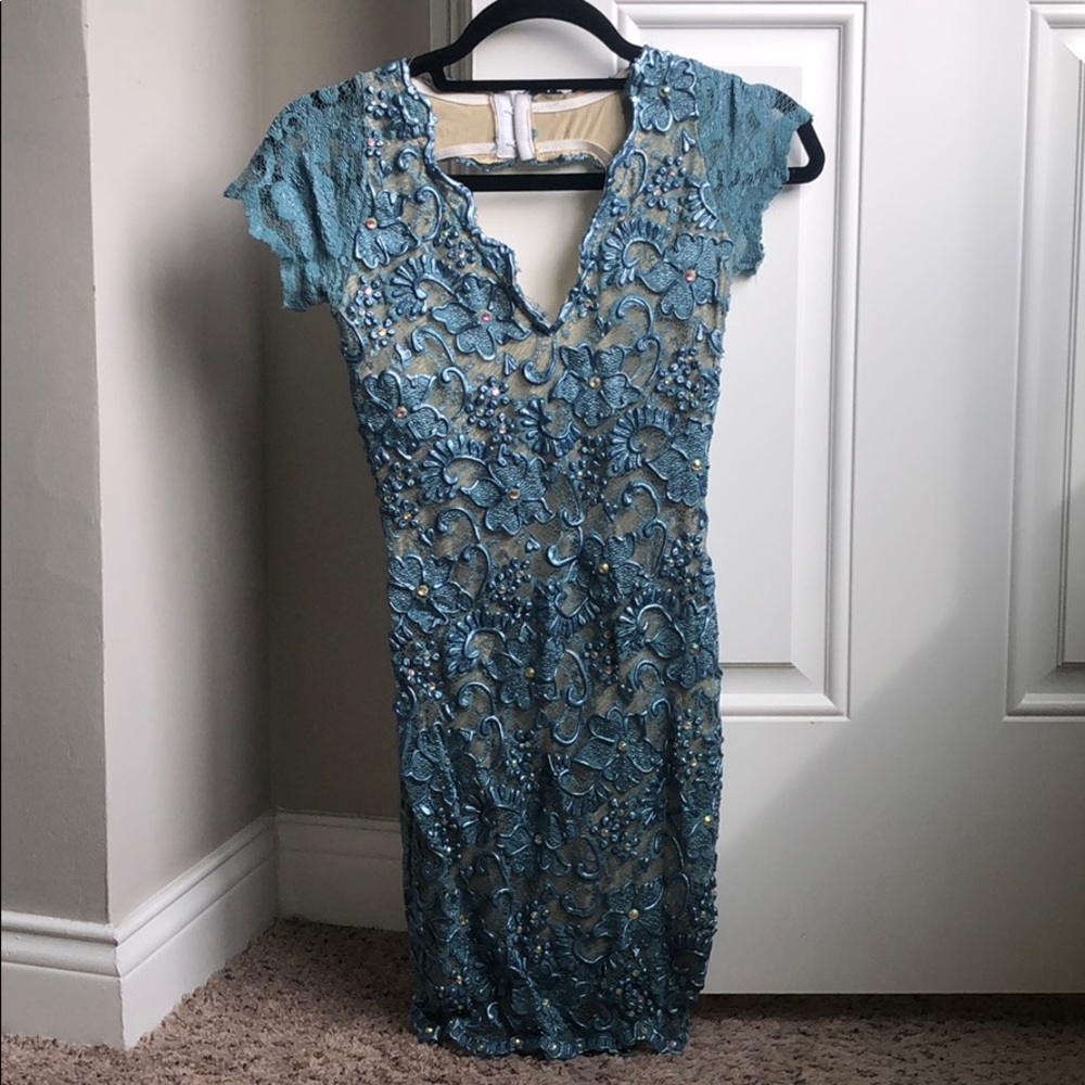 Embellished Teal Lace Mini Dress